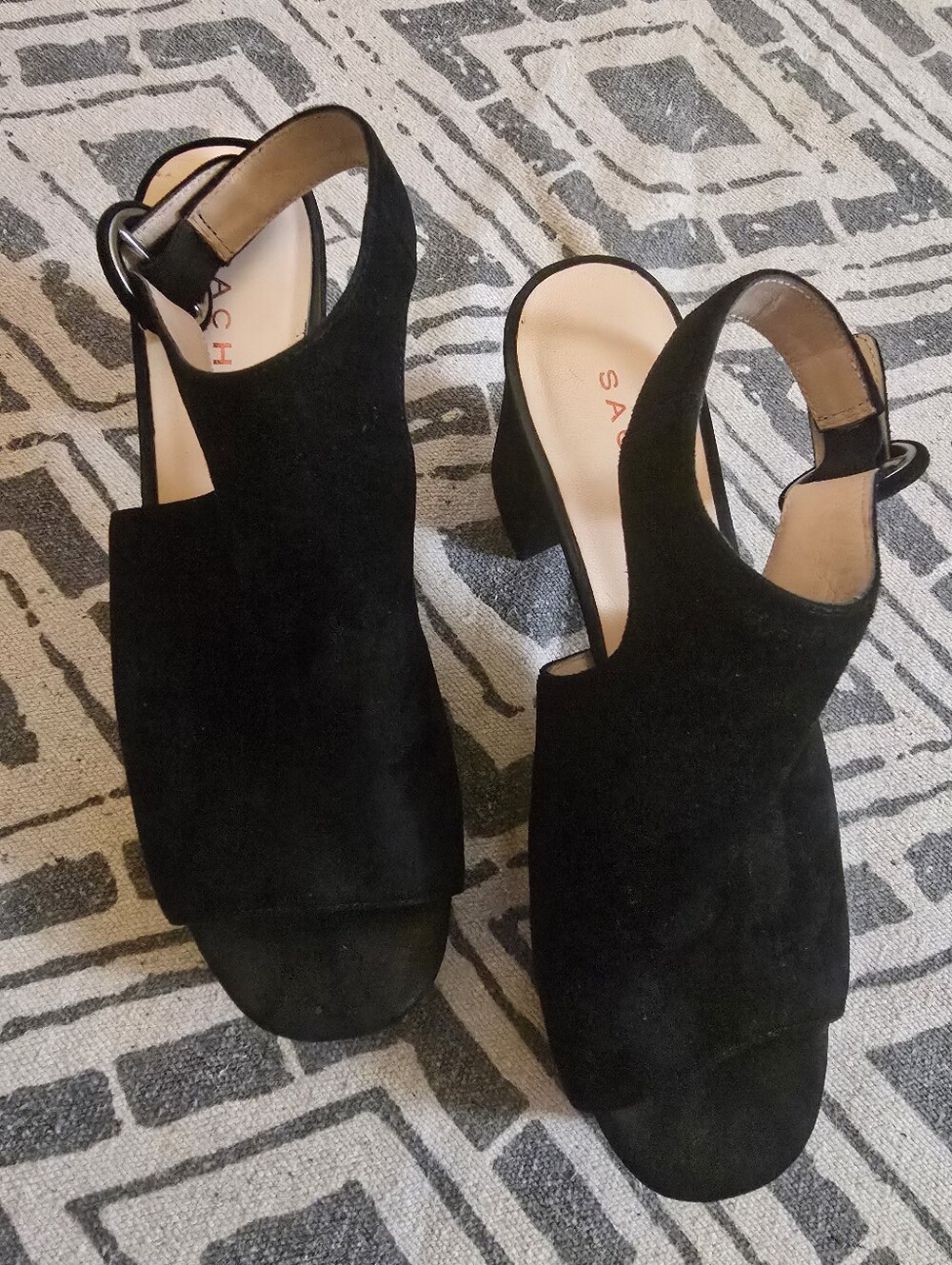 Sacha London Black Suede Open-Toe Slingback Chunky Heels